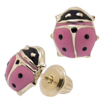 14k Yellow Gold Pink Enamel Little Ladybug Screw Back Earrings for Young  Girls